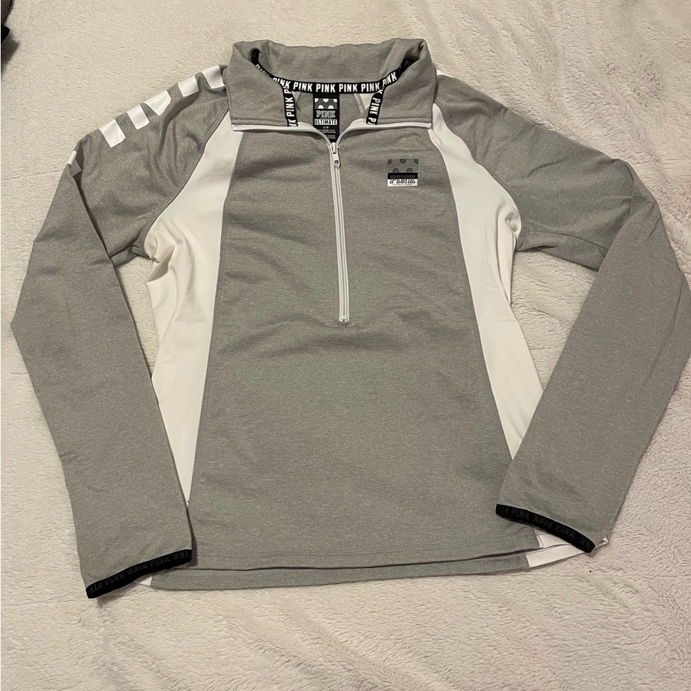 Victoria Secret Pink Ultimate Grey and White Zip Up Athletic Jacket Size Large
